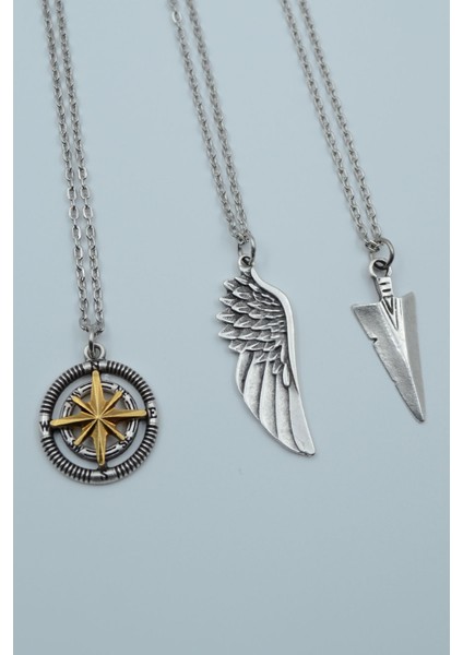 3'lü Pusula Kutup Yıldızlı Triagle Ok Ucu Büyük Kanat Gümüş Kaplama Kolye Seti