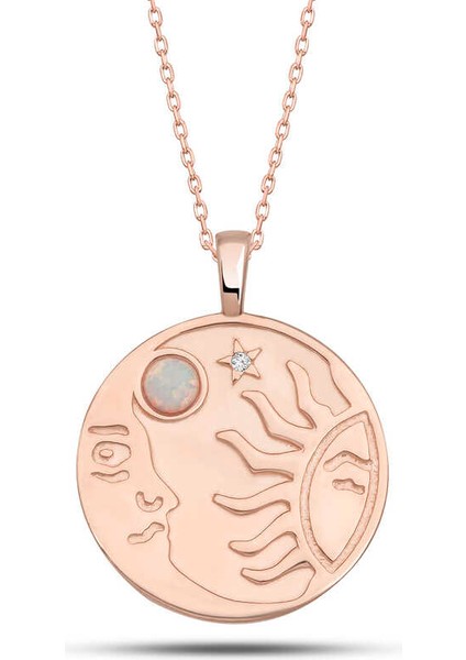 925 Ayar Gümüş Rose Opal Beyaz Taşlı Ay Güneş Kadın Kolye T7614 (972972)