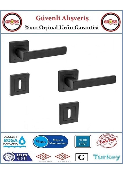 Rozetli Oda Kapı Kolu - Mat Siyah - 1 Takım Ön ve Arka