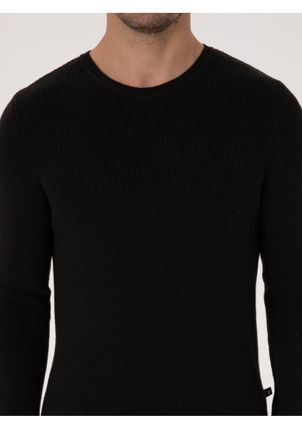 Erkek Siyah Slim Fit Pamuk Karışımlı Bisiklet Yaka Triko Kazak 50318983-VR046