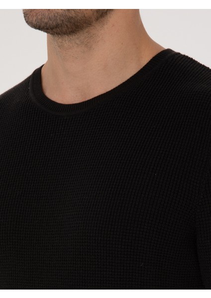 Erkek Siyah Slim Fit Pamuk Karışımlı Bisiklet Yaka Triko Kazak 50318983-VR046