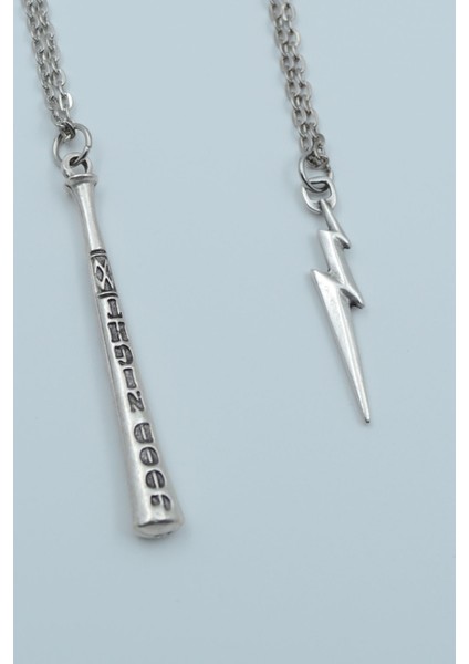 2'li Beyzbol Sopası Şimşek Flash Gümüş Kaplama Kolye Seti