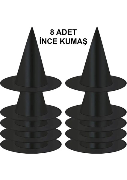 8 Adet Siyah Cadı Şapkası – Yetişkin &amp; Çocuk Kostüm Aksesuarı