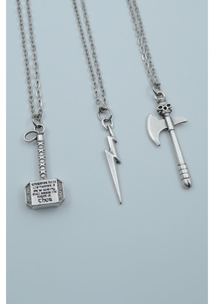3'lü Thor Çekiç Flash Şimşek Kuru Kafa Balta Gümüş Kaplama Kolye Seti