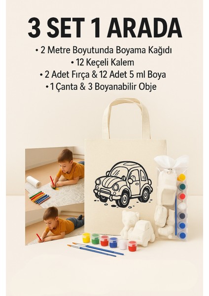 3’lü Eğlenceli Boyama Seti - 2 Metre Rulo Boyama Kağıdı + Bez Çanta+ Boyanabilir Obje Seti
