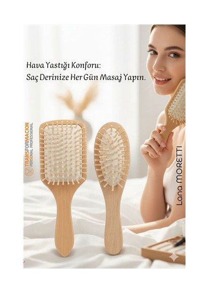 Doğal Ahşap Antistatik Hava Yastıklı Saç Fırçası (2 Boy: 23X8 & 22X6 Cm) -