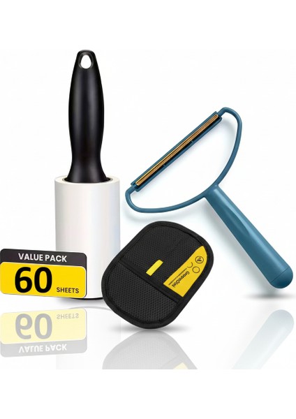 3'lü Tüy ve Tiftik Temizleme Seti – Rulo 60 Yaprak, Kumaş Tüy Toplayıcı Alet, Tüy Toplama Eldiveni