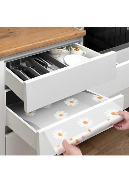 Mutfak Eva Shelf Liner Şeffaf Astar Kaymaz Dolap Içi Çekmece Örtüsü Papatya Desen Mat 45CMX10 Metre modelleri