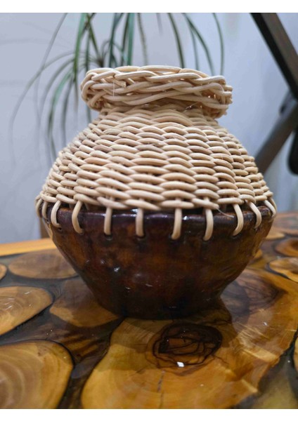El Yapımı Seramik & Rattan Örgü Dekoratif Kap – Doğal Bohem Vazo / Küçük Obje Saklama Kabı fiyatları