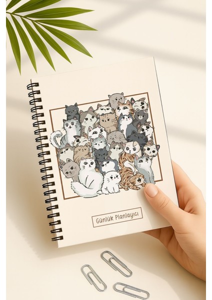 Günlük Planlayıcı A5 Defter, Notlar, Yapılacaklar, Esnek Karton Kapaklı, 100 Günlük, Kedili
