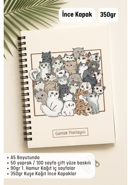 Günlük Planlayıcı A5 Defter, Notlar, Yapılacaklar, Esnek Karton Kapaklı, 100 Günlük, Kedili fiyatları