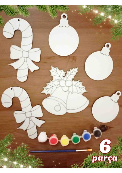Yılbaşı Süsleri Mdf Boyama Seti – 6 Figür, Akrilik Boya Dıy Yılbaşı Süsü, Çocuk Aktivite Seti