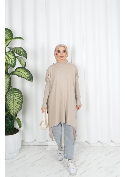 Düğme Detaylı Merserize Tunik