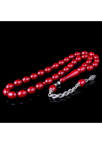 925 Ayar Gümüş Püsküllü Bordo Renk Ateş Kehribar Tesbih