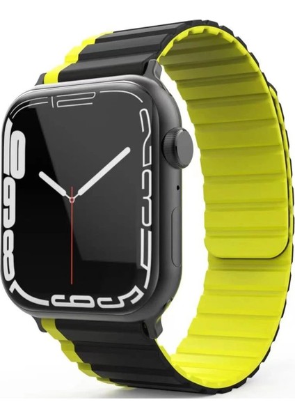 Apple Watch 42MM Mo-Wb1 Çift Renk Mıknatıslı Silikon Kordon - Siyah-Sarı