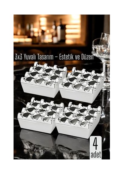 4 Lü Metal Döküm Küllük – 3x3 Yuvalı Krom Modern ve Ağırlıklı Tasarım