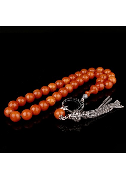 Eskitme Model Sıkma Kehribar Tesbih Ayyıldız Mikro Taşlı Fizyon 925 Ayar Gümüş Püsküllü0