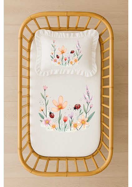 Bahar Çiçekleri ve Uğur Böcekli Isimli Bebek Nevresim Takımı Içi Dolgulu Fırfırlı Yastıklı