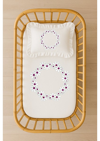 Papatya Çemberi Desenli Bebek Nevresim Takımı Içi Dolgulu Fırfırlı Yastık Kişiye Özel