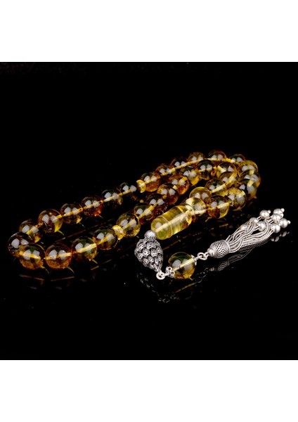 Fosil Damla Kehribar Tesbih 925 Ayar Fizyon Model Gümüş Püsküllü Tesbih