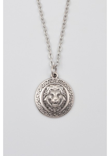 Kabartmalı Aslan Madalyon Kolye - Düz Ezme Ithal Zincirli Unisex Gümüş Kaplama - 60 cm