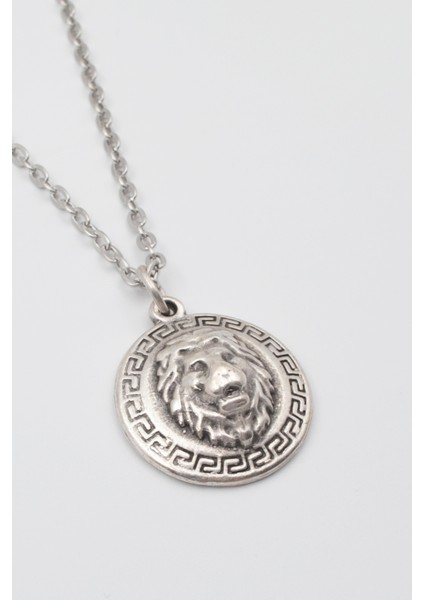 Kabartmalı Aslan Madalyon Kolye - Düz Ezme Ithal Zincirli Unisex Gümüş Kaplama - 60 cm fiyatları
