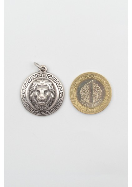 Kabartmalı Aslan Madalyon Kolye - Düz Ezme Ithal Zincirli Unisex Gümüş Kaplama - 60 cm fırsatları
