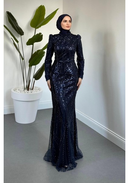 Mervena Korseli Arkası Büzgülü Taş Işlemeli Abiye Lacivert