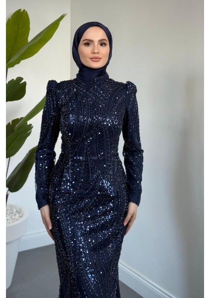 Mervena Korseli Arkası Büzgülü Taş Işlemeli Abiye Lacivert fiyatları