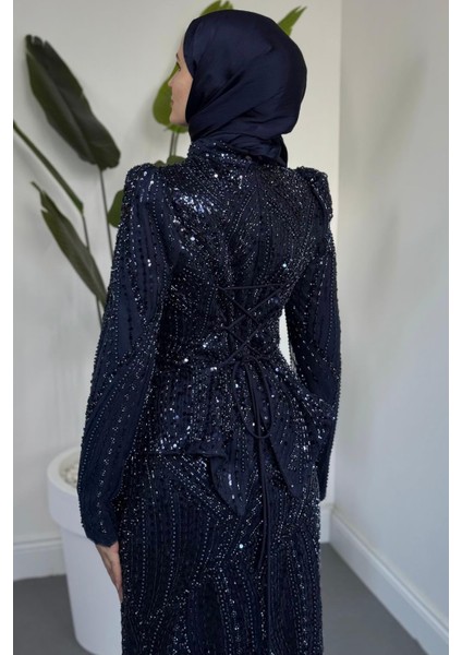 Mervena Korseli Arkası Büzgülü Taş Işlemeli Abiye Lacivert modelleri