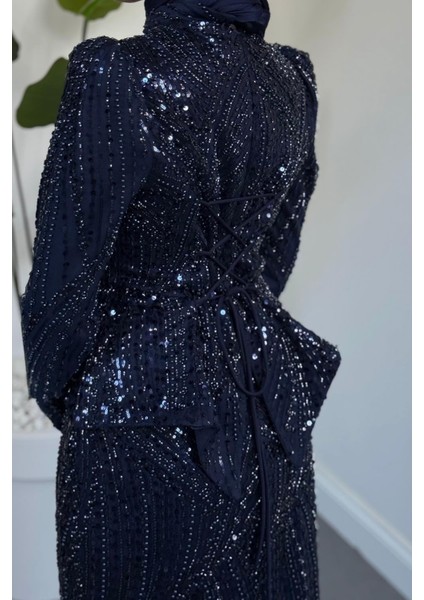 Mervena Korseli Arkası Büzgülü Taş Işlemeli Abiye Lacivert fırsatları