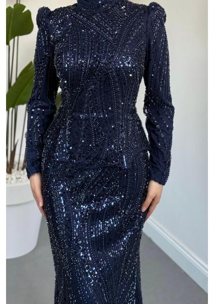 Mervena Korseli Arkası Büzgülü Taş Işlemeli Abiye Lacivert indirimleri