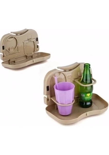 Araç Içi Koltuk Arkası Katlanabilir Bardak Tutuculu Bej Tepsi