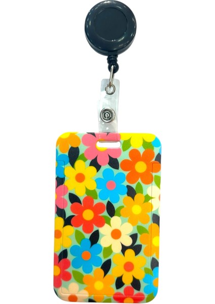 Yaka Kartı Yoyolu Kartlık Koruyucu Çekmeli Kart Tutucu Kartlık Çiçekler