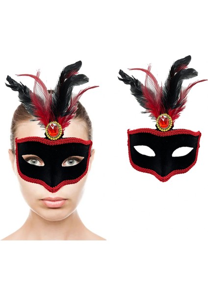 Kırmızı Tüylü Siyah Süet Kaplama Parti Maskesi fiyatları