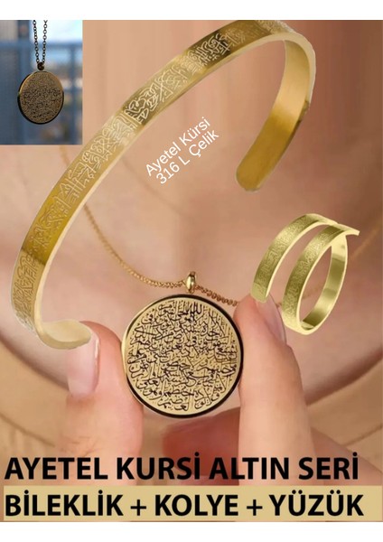 Çelik Ayetel Kürsi Dualı Kolye Bileklik Ayarlanabilir Yüzük Premium Set Çelik, Altın Renk, Set