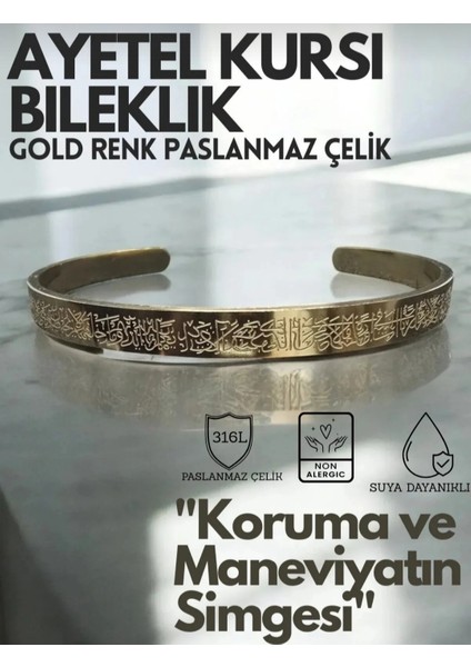 Çelik Ayetel Kürsi Dualı Kolye Bileklik Ayarlanabilir Yüzük Premium Set Çelik, Altın Renk, Set fiyatları