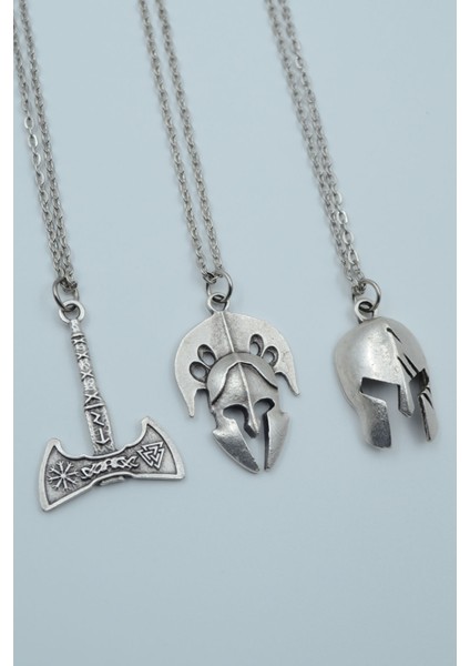 3'lü Savaşçı Miğfer Çift Taraflı Balta Gümüş Kaplama Kolye Seti