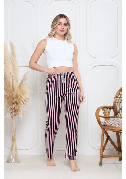 Kadife Pijama Altı Pembe Üstüne Siyah Çizgi Desenli Q7013