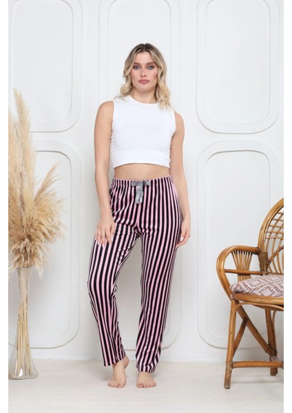 Kadife Pijama Altı Pembe Üstüne Siyah Çizgi Desenli Q7013 fiyatları