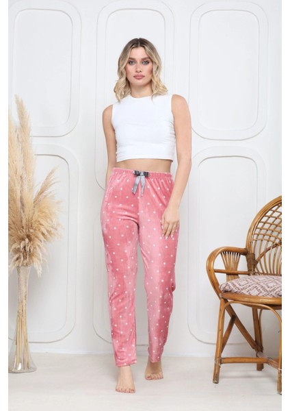 Kadife Pijama Altı Pembe Üstüne Beyaz Kalpli Pontiye Desenli Q7013