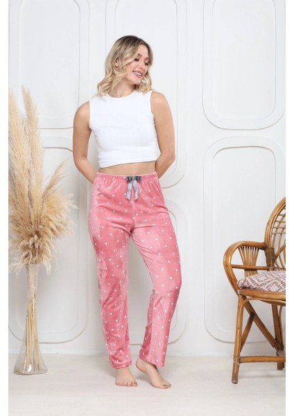 Kadife Pijama Altı Pembe Üstüne Beyaz Kalpli Pontiye Desenli Q7013 modelleri