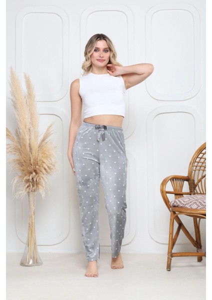 Kadife Pijama Altı Gri Üstüne Yuvarlak Beyazpontiye Desenli Q7013