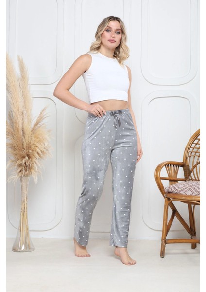 Kadife Pijama Altı Gri Üstüne Yuvarlak Beyazpontiye Desenli Q7013 modelleri