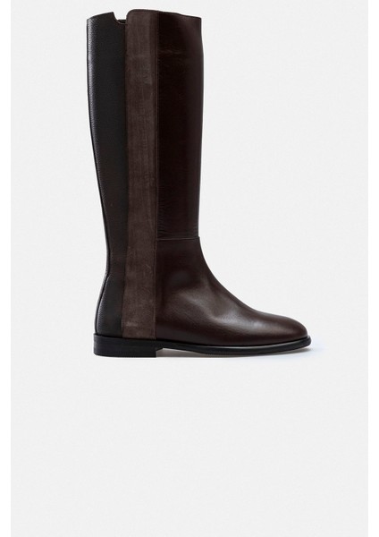 Süet Şerit Detaylı Kahverengi Hakiki Deri Kadın Çizme