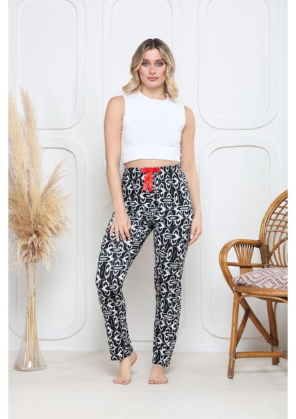 Viskon Likralı Alt Pijama Süzgülü Siyah Baskı Desenli Q6018