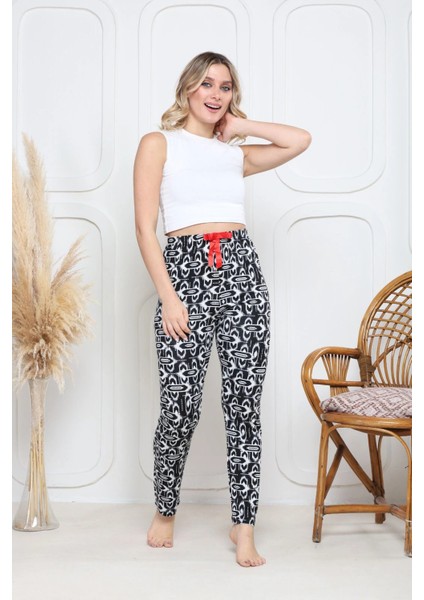 Viskon Likralı Alt Pijama Süzgülü Siyah Baskı Desenli Q6018 modelleri