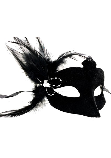 Siyah Renk Yandan Tüylü Süet Kaplama Beyaz Incili Parti Maskesi 18X15 cm (4887) fiyatları