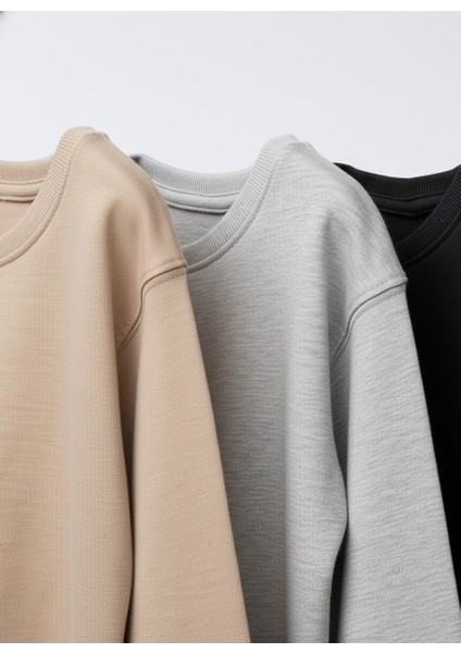 Unisex Çocuk Pamuklu 3'lü Uzun Kollu Tişört Seti – Bej, Gri Melanj, Siyah fiyatları