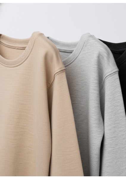 Unisex Çocuk Pamuklu 3'lü Uzun Kollu Tişört Seti – Bej, Gri Melanj, Siyah modelleri